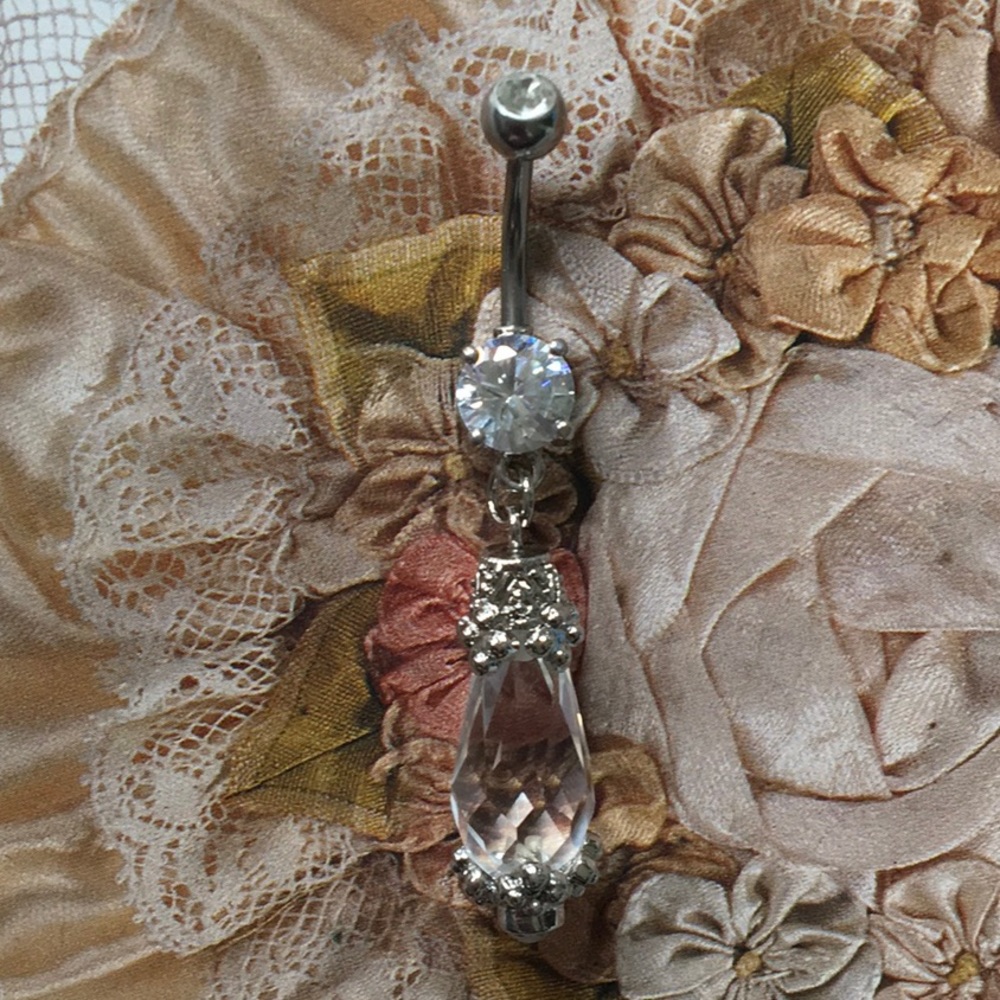 Cubic Zirconia Navel Ring Chandelier Crystal Faceted Teardrop Bridal 14 Gauge